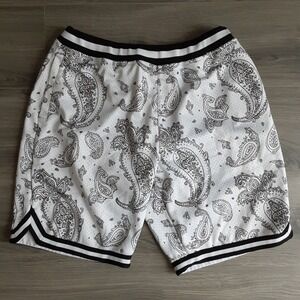 CSG Mens Paisley Mesh Basketball Shorts White Black Striped Trim XL RN 69778